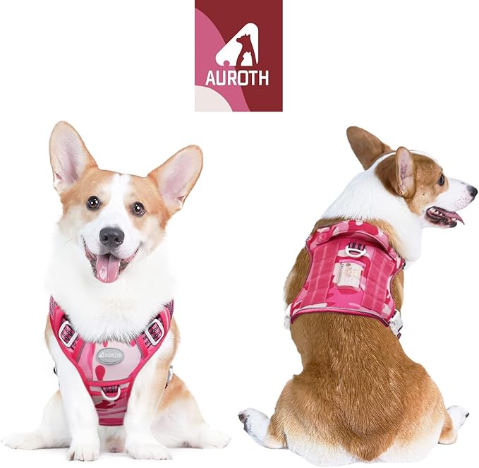 Auroth Tactical Pet Harness for Small Medium Large Dogs No Pull Adjustable, Reflective K9 Working Training Easy Control Vest Military Service Dog, Medium, Pink Camo