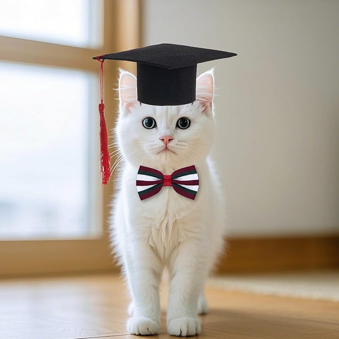 Pet Graduation Cap with Bowtie Collar Set, Small Dogs Cats Graduation Outfits Party Dress Costume Accessory (Striped Red)