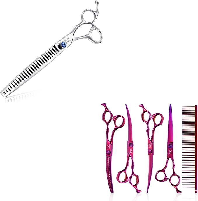 JASON 8" 26 Tooth Chunkers Shears for Dogs Ergonomic Cats Grooming Scissors & JASON Dog Grooming Scissors Set - Professional 6 in 1 Dog Shears Set