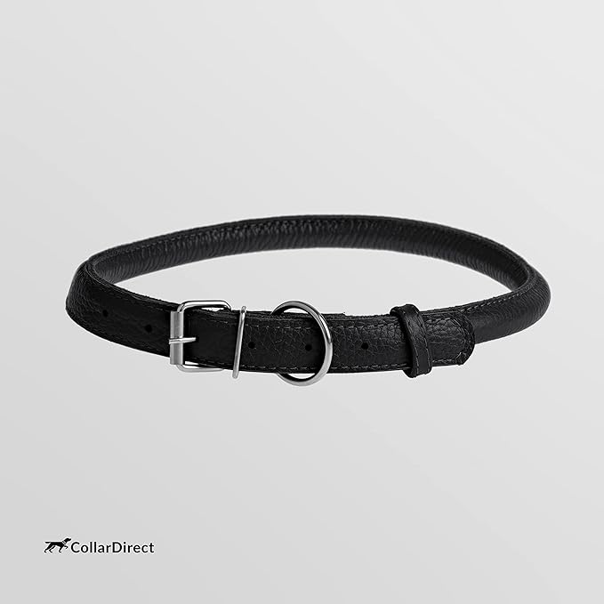 CollarDirect Rolled Leather Dog Collar, Soft Padded Round Puppy Collar, Handmade Genuine Leather Collar Dog Small Large Cat Collars 13 Colors (6-7 Inch, Black Textured)
