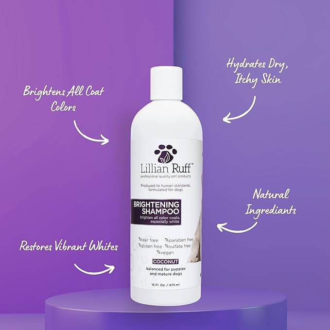 Lillian Ruff Ultra-Brightening Professional Whitening Shampoo for Dogs with Aloe & Coconut Oil for Dry Skin & Itch Relief - pH-Balanced Dog Whitening Shampoo Remove Stains Yellowing Odor (16oz/Brush)