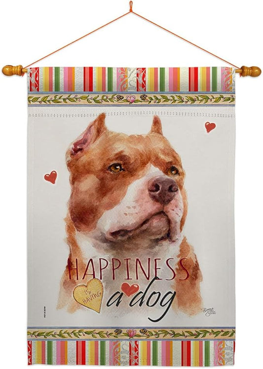 Breeze Decor Fawn Pitbull Happiness House Flag Dowel Set Dog Puppy Spoiled Paw Canine Fur Pet Nature Farm Animal Creature Decoration Banner Small Garden Yard Gift Double-Sided, Made in USA