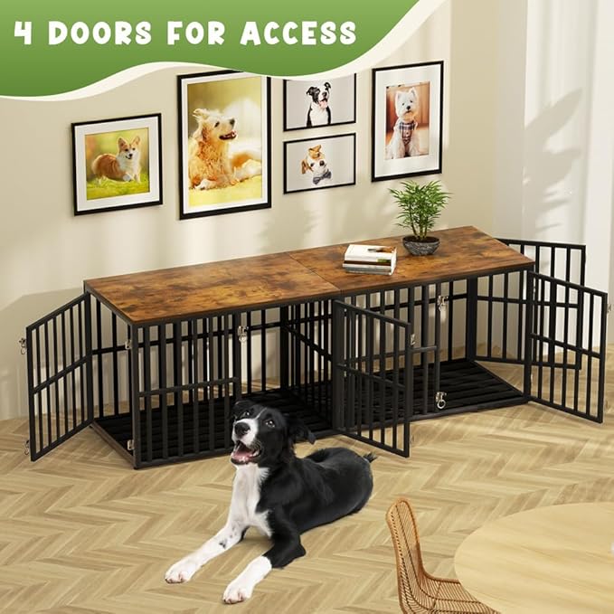Dog Crate Furniture for 2 Dogs, 76” Wooden Dog Kennel with Divider, XXL Double Dog Crate Furniture Large Breed with 4 Doors, Dog Cage End Table Indoor for Large & Medium Dogs, Black