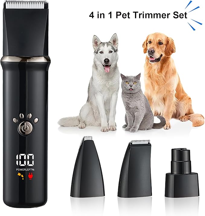 4-in-1 Dog Grooming Clippers Kit, Cordless Rechargeable Low Noise Shaver Grooming Supplies, Waterproof and Washable Pet Trimmer Set with Paw Trimmer for Dog Pets (Grey)