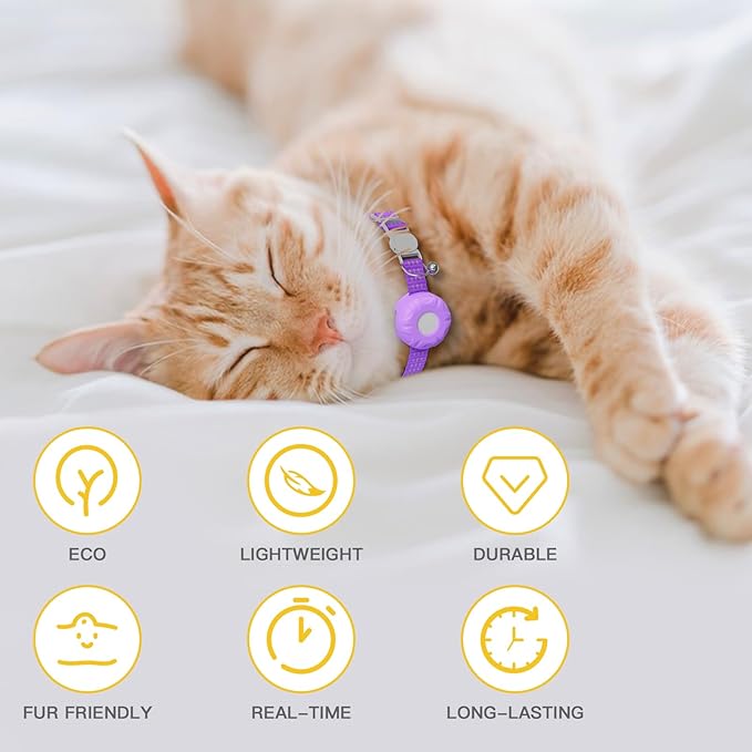 Cat Tracker Collar,No Monthly Fee Tracking Pet Collar with Finder Tag,Compatible with Apple Find My(iOS Only),Breakaway Tractive Design with Reflective Pattern & Bell,Purple