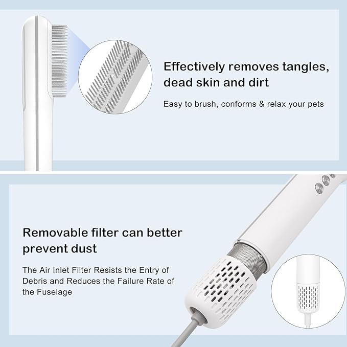 Pet Hair Dryer and Brush 2 in 1 - High and Low Temperature 3 Wind Speed Adjustment, 102000rpm Speed 800W Power Portable and Quiet for Small Medium Cats and Dogs Grooming Hair (TH201)