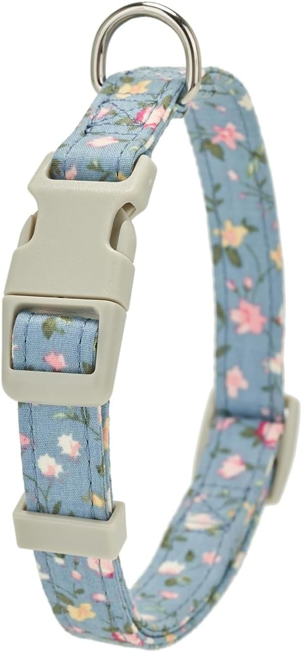 Cotton Dog Collar Soft Lightweight with Hand-Tied Knot Bow for Medium Dogs.(M, Blue Floral)
