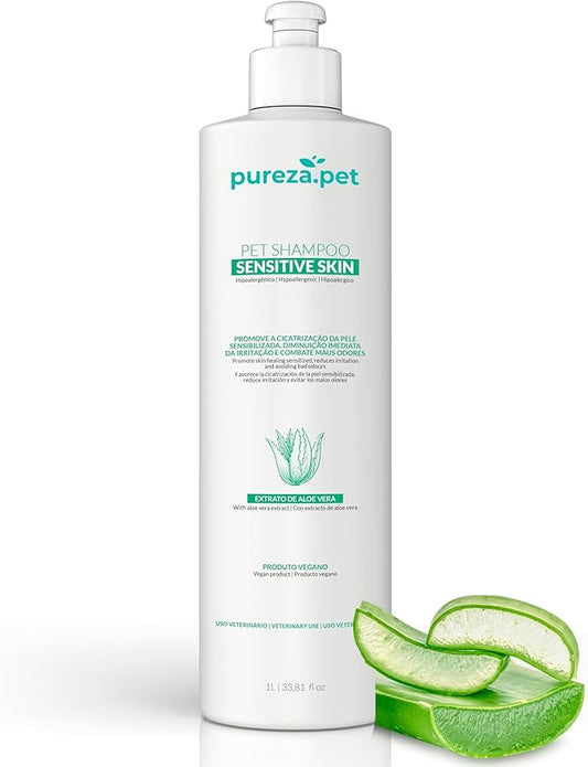 Hypoallergenic Professional Shampoo for Sensitive Skin for Pets - Fur Cleanse & Nourishment, All Ages Pet Grooming Products, Horse, Cat Dog Bath Supplies - VEGAN, Paraben-Free - 33.8fl oz - PUREZA PET