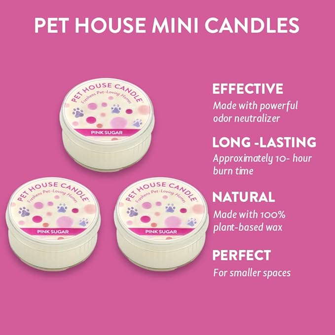 One Fur All Pet House Mini Candles for Pet Odor Made with Natural Soy Wax, Plant Based, Dog and Cat Friendly Scented Candles, Pink Sugar Pack of 3