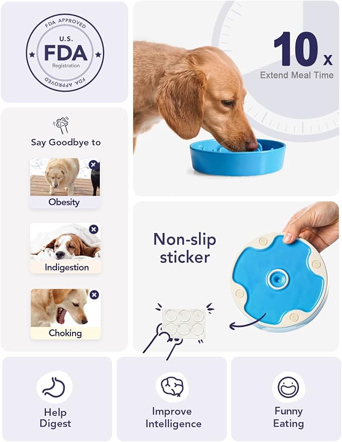 LE TAUCI Ceramic Slow Feeder Dog Bowls Small Breed, 0.6 Cups Dog Food Dish for Fast Eaters, Puzzle Bowl for Small Dogs and Cats,Blue