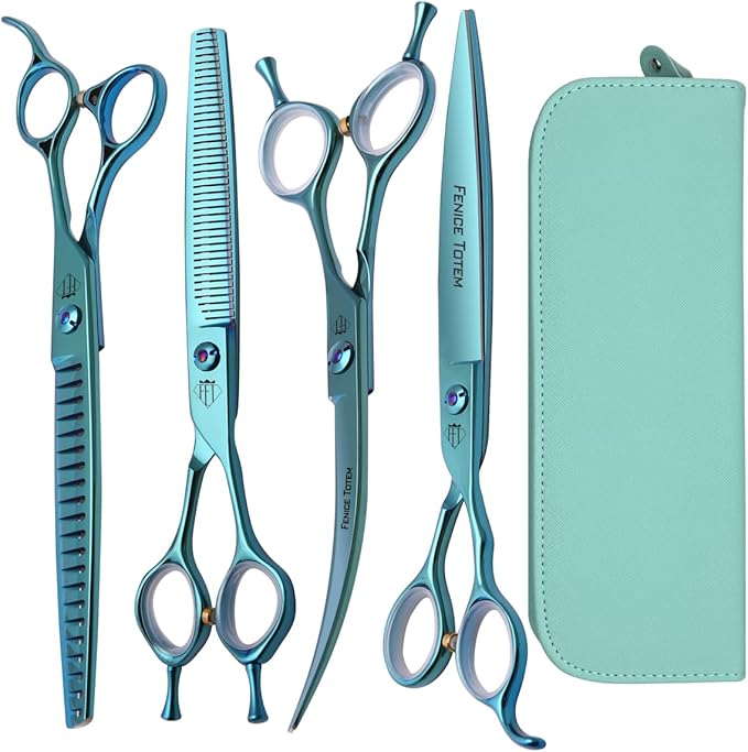 Dog Grooming Scissors: Blueish Green 5 in 1 Pet Shears Kit Made of Japanese 440C Advanced Stainless Steel Professional Grooming Scissors for Dogs Cats and Other Pets