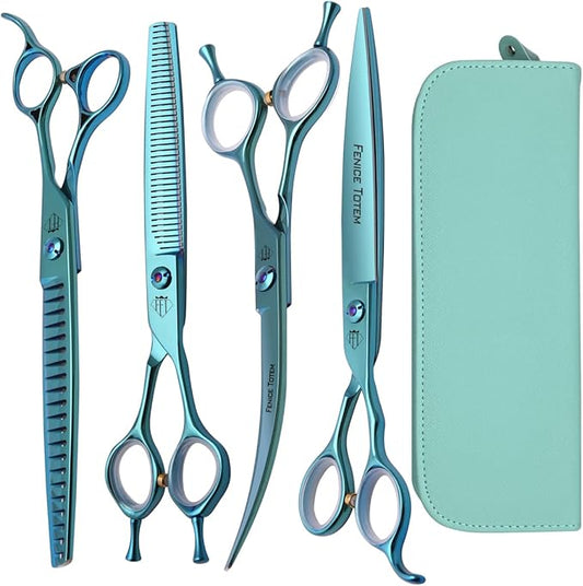 Dog Grooming Scissors: Blueish Green 5 in 1 Pet Shears Kit Made of Japanese 440C Advanced Stainless Steel Professional Grooming Scissors for Dogs Cats and Other Pets
