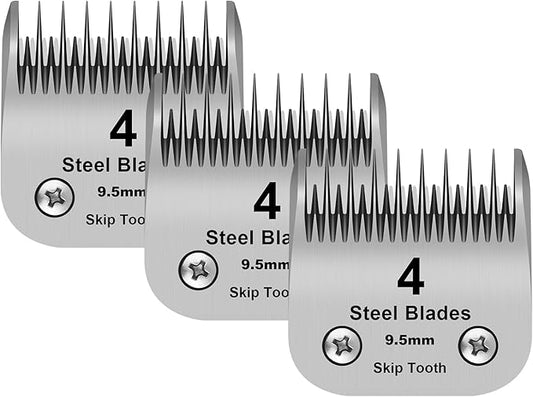 4 Skip Tooth Detachable Pet Dog Grooming Steel Blades,Compatible with Andis,Oster A5,Wahl KM10 Series Clippers,Cut Length 3/8-Inch (9.5mm) ，3 Pack