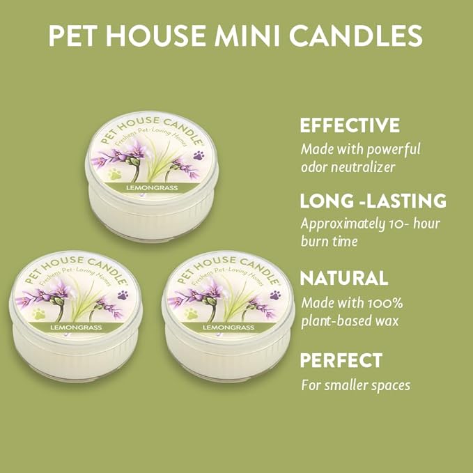 Pet House Mini Candles for Pet Odor Made with Natural Soy Wax, Plant Based, Dog and Cat Friendly Scented Candles, Lemongrass Pack of 3