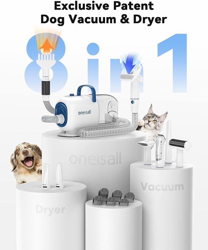 oneisall Dog Vacuum & Dryer for Shedding Grooming, 8 in 1 Dog Grooming Kit with Metal Blades Pet Clippers, Adjustable Speed and Temperature Control Blower