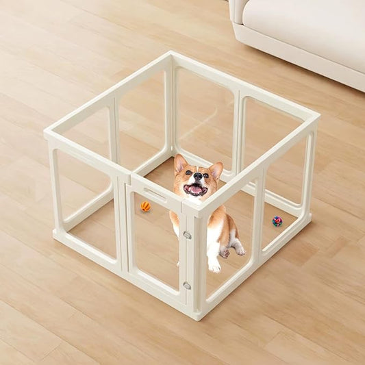 Clear Acrylic Dog Playpen Transparent Pet Playpen Indoor-Easy Assemble and Disassemble Dog Fence-Clear Pet Pen Dog Playpen for Puppy Bunny Cat Pig(23.6" H, 7 Panels+1 Door) White