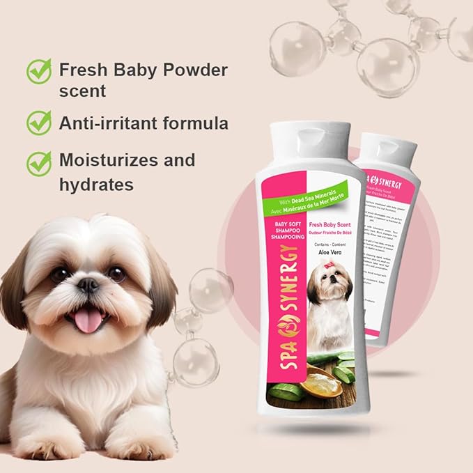 Pet Dog Shampoo Natural Dead Sea Mineral Rich, Aloe Vera, Moisturizing, Hydrating, Anti-Irritant, Fresh Baby Powder Scent – Baby Soft - (1) Bottle 16.5 FL OZ