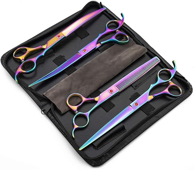 Moontay Professional 8.0" Dog Grooming Scissors Set, 4-pieces Straight, Upward Curved, Downward Curved, Thinning/Blending Shears for Dog, Cat and Pets, JP Stainless Steel, Multicolour