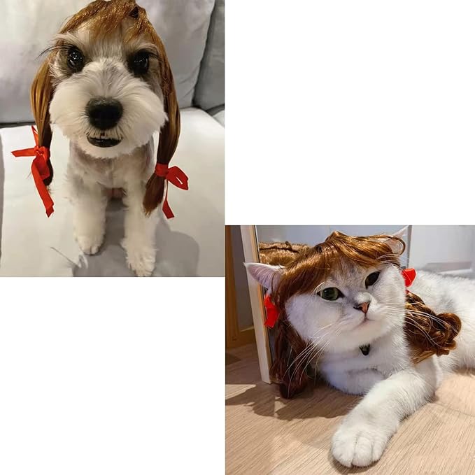 pet k9 Funny Dog Cosplay Wig, Headwear Apparel Toy,Pet Costumes, Cat Dress up for Halloween, Christmas, Parties, Festivals, Dog Wigs for Small Medium and Large Sized Dogs (Brown Braids)