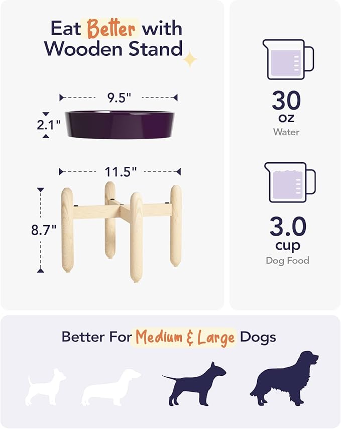 LE TAUCI Ceramic Slow Feeder Dog Bowls Elevated, 3 Cups Raised Dog Bowl with Wooden Stand for Medium Large Breed, Dog Dishes to Slow Down Eating, Puzzle Dog Food Bowl, Maze Purple
