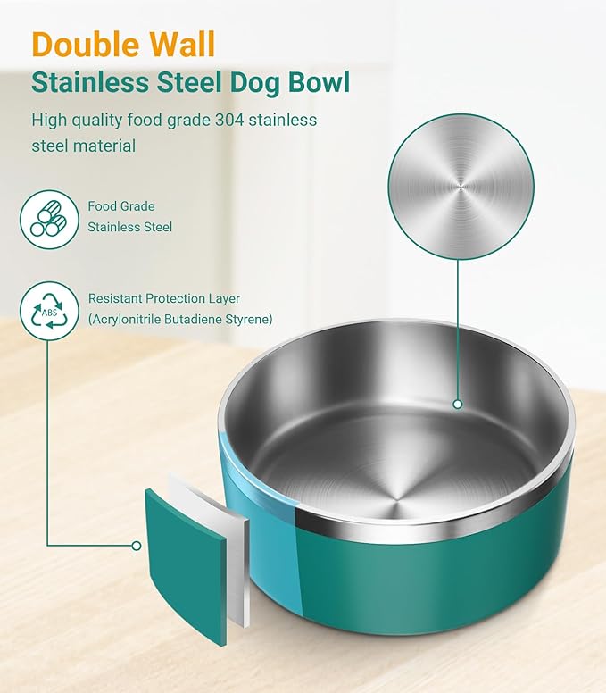 Stainless Steel Bowls for Small Dogs, 40 Ounces/5 Cup Food and Water Bowl, Double Wall Weighted Dish, Rustproof Metal Pet Bowls With Non-Slip Silicone Base