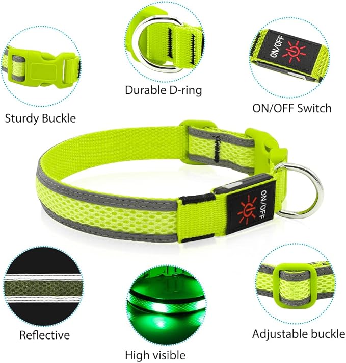 LED Dog Collar Rechargeable - BSEEN Light Up Dog Collar, Glow in The Dark Dog Collar Light, Reflective Dog Collar Safety Dog Lights for Night Walking (Medium, Green Ⅱ)