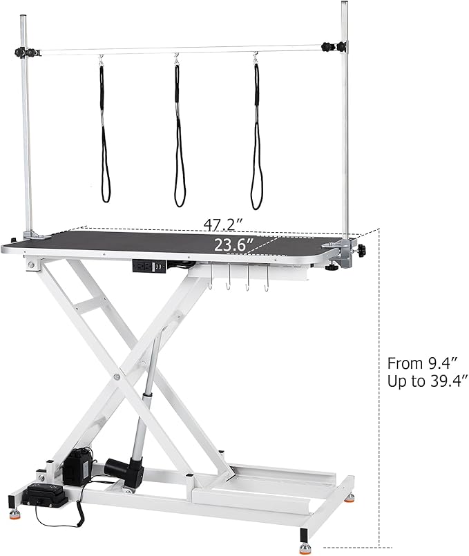 GAOMON Electric Dog Grooming Table, Height Adjustable (9.4"-39.4") Heavy Duty Pet Grooming Table w/Leveling Wheels, X Lift, Anti Slip Tabletop & Tool Organizer/Dog Grooming Station, 47"/White