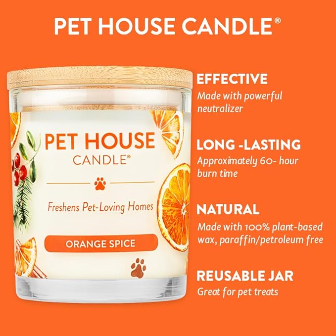 One Fur All Pet House Candle - Plant-Based/Soy, Long Lasting Pet Odor Candle for Home - Orange Spice