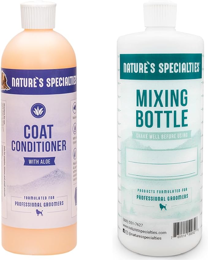 Nature's Specialties Mixing Bottle and Dog Shampoo Concentrate Bundle, Easy to Read Measurements Mixing Bottle 32 oz, Dog Coat Conditioner Concentrate with Aloe 16 oz