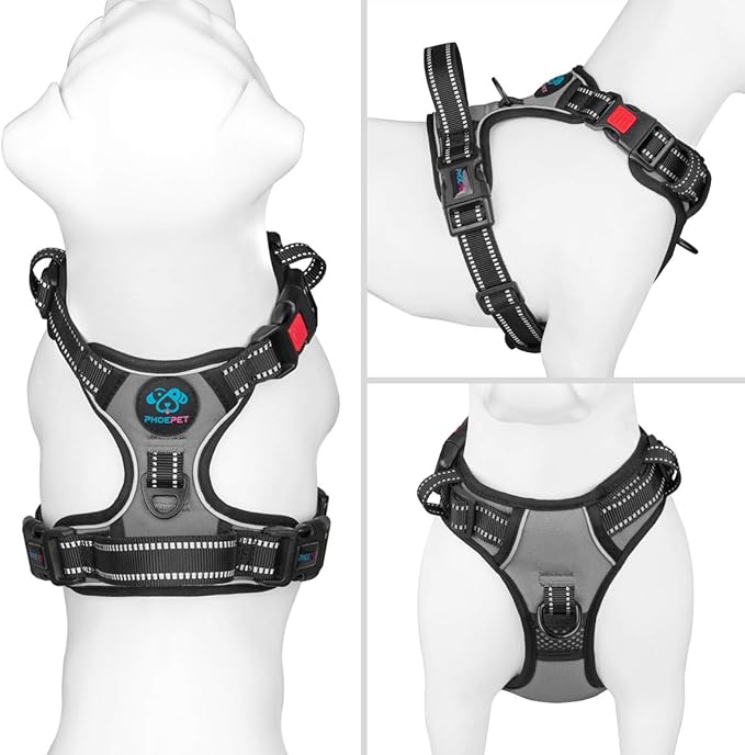 PHOEPET No Pull Dog Harness Medium Reflective Front Clip Vest with Handle,Adjustable 2 Metal Rings 3 Buckles,[Easy to Put on & Take Off](M, Grey)