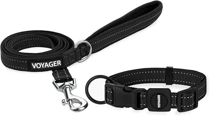 Voyager Reflective Dog Leash Collar Set with Neoprene Handle Supports Small, Medium, and Large Breed Puppies, Cute and Heavy Duty for Walking, Running, and Training - Black, S