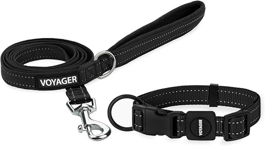 Voyager Reflective Dog Leash Collar Set with Neoprene Handle Supports Small, Medium, and Large Breed Puppies, Cute and Heavy Duty for Walking, Running, and Training - Black, L