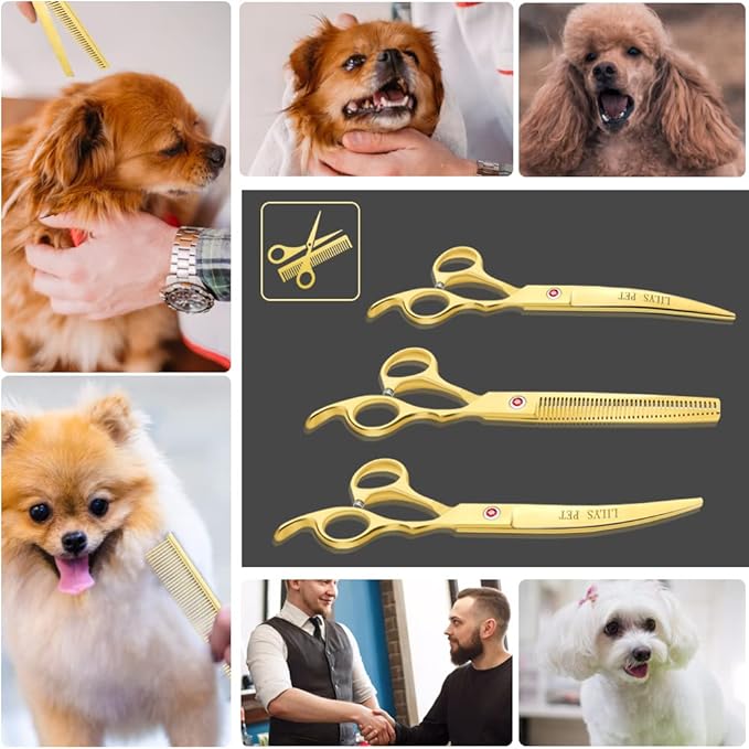LILYS PET Professional PET DOG Grooming Coated Titanium scissors suit Cutting&Curved&Thinning shears (7.0 inches, Gold)…