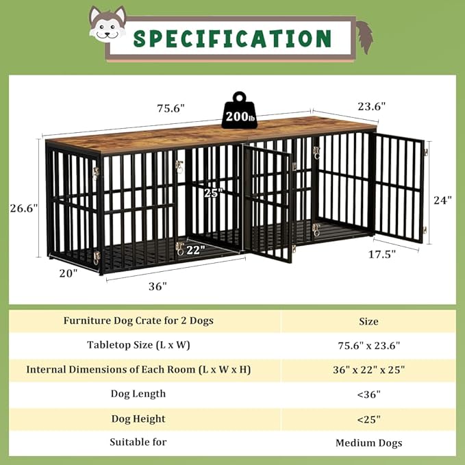 Dog Crate Furniture for 2 Dogs, 76” Wooden Dog Kennel with Divider, XXL Double Dog Crate Furniture Large Breed with 4 Doors, Dog Cage End Table Indoor for Large & Medium Dogs, Black