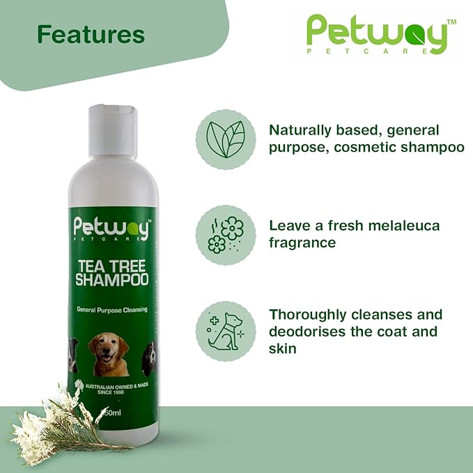 Petcare Tea Tree Shampoo for Dogs, Natural Cleansing and Deodorizing Shampoo, pH Balanced Deep Cleansing Dog Shampoo, Free of Phosphates, Parabens and Enzymes, Dog Coat Shampoo, 250ml