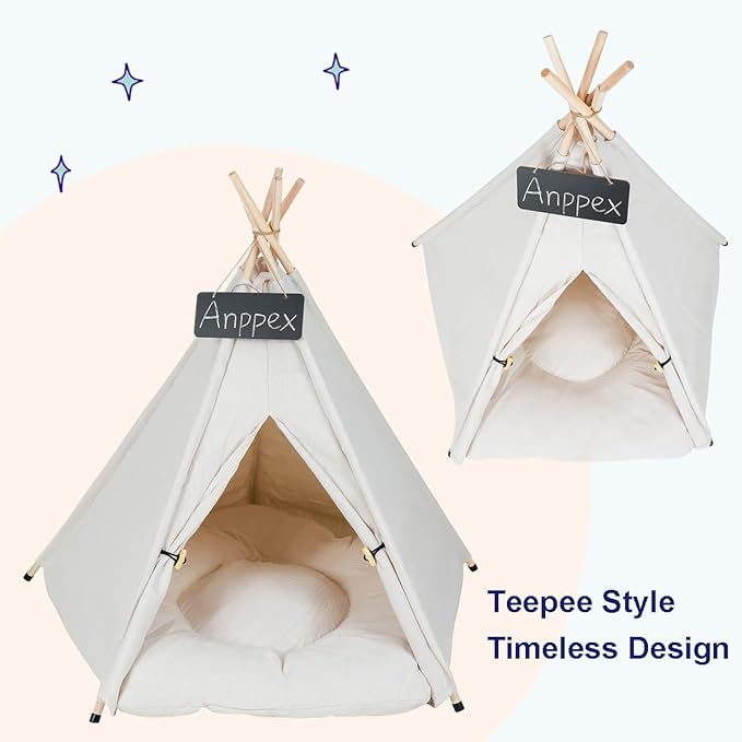 ANPPEX 28-Inch Dog Teepee Tent Indoor,L Size Pet Tent Bed for Medium and Small Dogs,Indoor Dog House with Thick Cushion,White