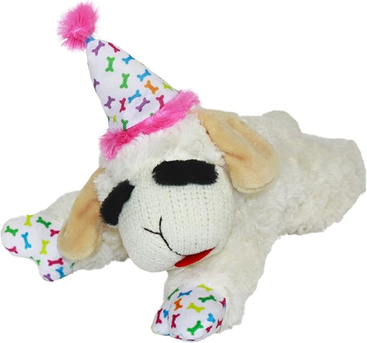 Multipet Lamb Chop Dog Plush Toy w/Birthday Hat - Squeaky Dog Toy for All Dogs - Soft Plush Dog Toy - Stuffed Animal Dog Toy for Playing - Cute Dog Birthday Toy (10.5”, Pink Hat, 5 Squeakers)