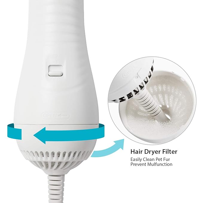 iPettie Pet Grooming Hair Dryer with Slicker Brush, White, Quiet, 2 Heat Settings, Professional Home Use for Short Straight Hair Cat, Narrow Gap Slicker Brush