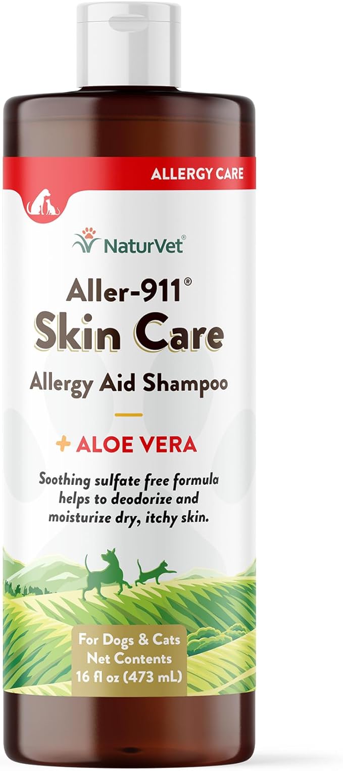 NaturVet Aller-911 Skin Care Allergy Aid Pet Shampoo With Aloe Vera – Pet Health Supplement Shampoo & Grooming Aid for Dermatitis, Dog Skin Allergies, Itching, Hot Spots, Cat Rashes – 16 Oz.
