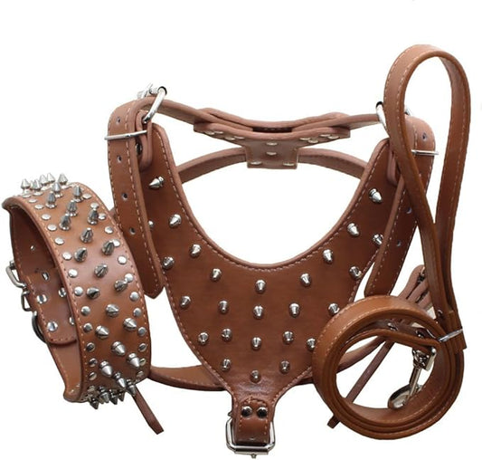 Leather Spiked Studded Harnesses, Collars & Leashes 3Pcs Matching Set for Medium & Large Dogs Pitbull,Mastiff, Boxer, Bull Terrier (Brown, M)