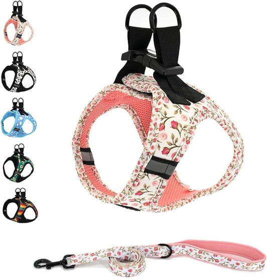 Step in Dog Harness and Leash Set, Reflective Dog Harness and Leash No Pull Dog Harness for Small Medium Large Dogs and Cats (XS(Neck:10-11.5",Chest:12.5-14.5"), RoseFlower)