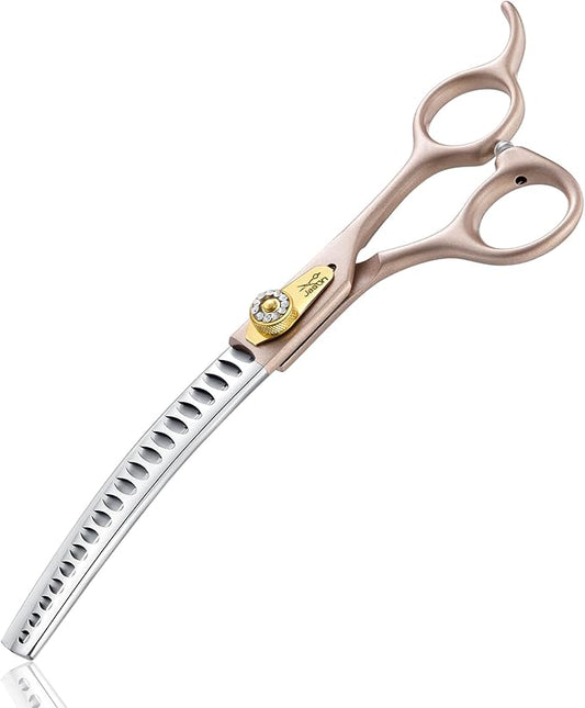 JASON Professional Curved Chunker Shears - 7 Inch Chunker Scissor Dog Grooming Japanese 440C Stainless Steel Diamond Screw with 21 Fishbone Teeth Dog Shears, Rosegold