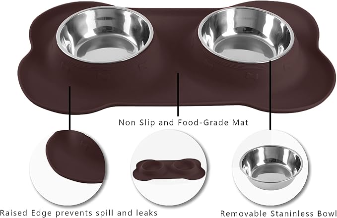 Hubulk Pet Dog Bowls 2 Stainless Steel Dog Bowl with No Spill Non-Skid Silicone Mat + Pet Food Scoop Water and Food Feeder Bowls for Feeding Small Medium Large Dogs Cats Puppies (Small, Chocolate)