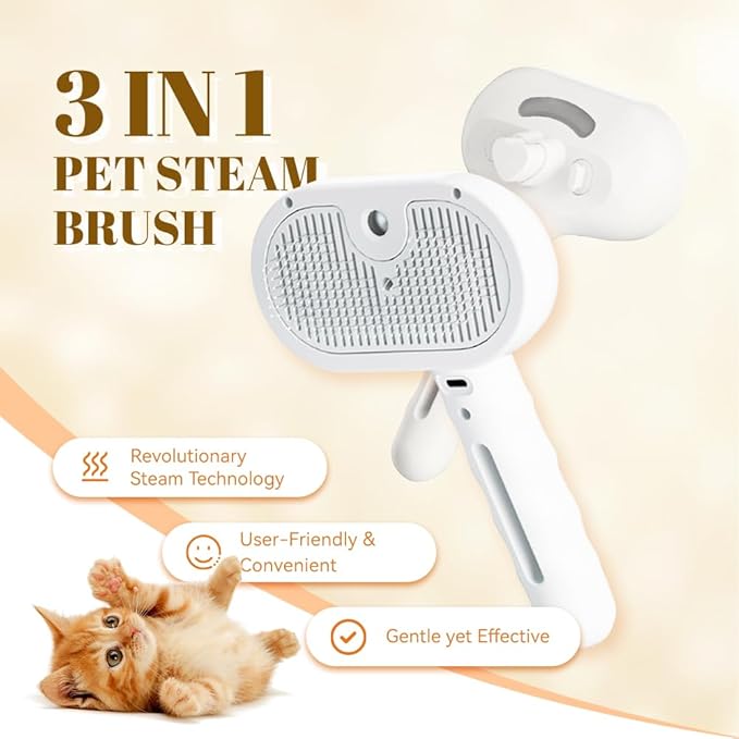Cat Steam Brush, 3 in 1 Pet Spray Hair Removal Comb for Shedding & Grooming, Pet Grooming Brush with Spray, One-Click Release Button and Tank, Spritz Defur Comb for Cats Dogs, Effective (White)