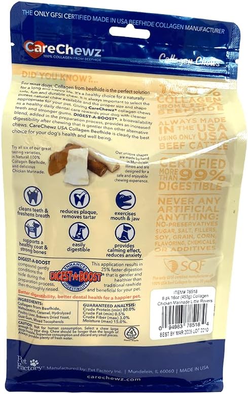 Pet Factory CareChewz Collagen 6" Little Rovers Dog Chew Treats - Chicken Flavor, 8 Count/1 Pack