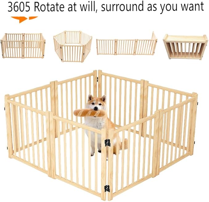 Ball & Cast 31" Wooden Freestanding Dog Gate with 360° Folding Hinges,8-Panel U/Z-Shaped Adjustable Pet Fence for Doorways & Stairs,Indoor Step-Over Barrier,Apartment,Living Room,Natural