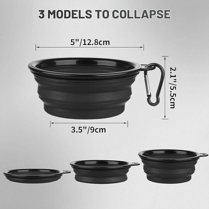 Dog Bowl Pet Collapsible Bowls, 2 Pack Collapsible Dog Water Bowls for Cats Dogs, Portable Pet Feeding Watering Dish for Walking Parking Traveling with 2 Carabiners (Small, Black+Black)