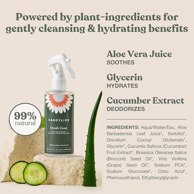 Dandylion Fresh Coat No Rinse Dog Shampoo | Waterless Daily Cleansing Spray for Clean & Fresh Coat | Gentle & Cruelty-Free Dry Shampoo for Dogs | Plant-Based, Fragrance Free & Vet Approved | 8.4 fl oz