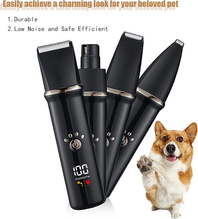 4-in-1 Dog Grooming Clippers Kit, Cordless Rechargeable Low Noise Shaver Grooming Supplies, Waterproof and Washable Pet Trimmer Set with Paw Trimmer for Dog Pets (Grey)