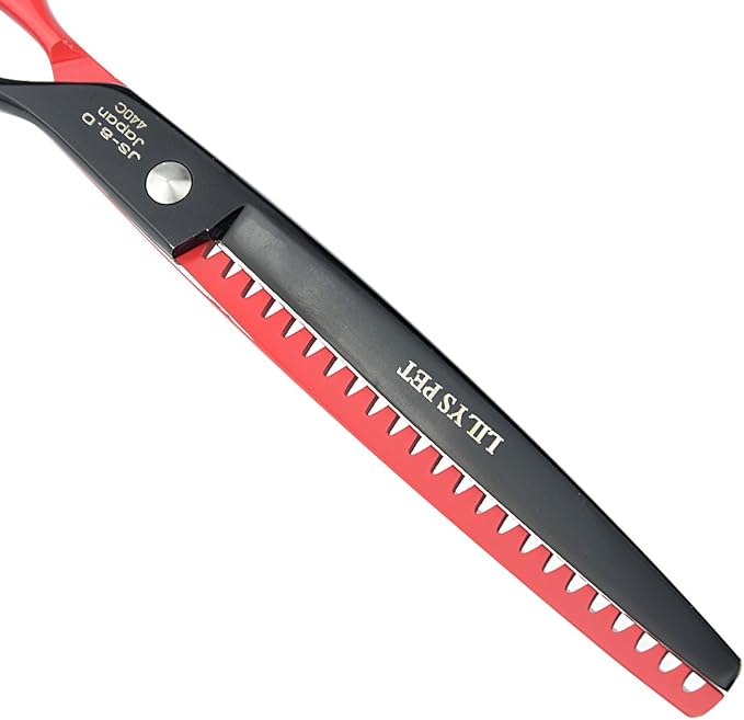 LILYS PET HIGH-END SERIES 8-Inch Japanese 440C Pet Dog Chunker Shears,Fishbone-shaped Big Tooth Professional Pet Grooming Chunker Scissors With Beautiful Red Screw (Black-Red)